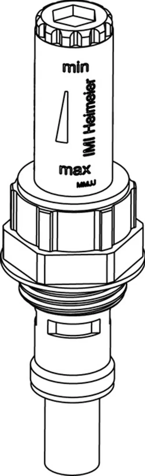 Durchflussanzeiger mit einstellbarer Skala von min bis max, hergestellt von IMI Hydronic Engineering, mit zylindrischem Körper und Anschlussgewinde.